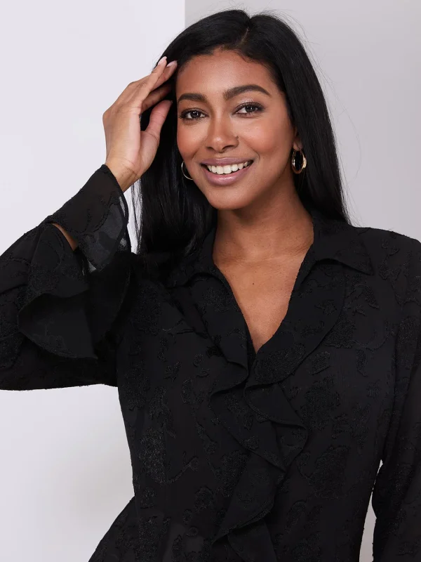 Textured Button-Front Blouse With Ruffle Details - Image 2