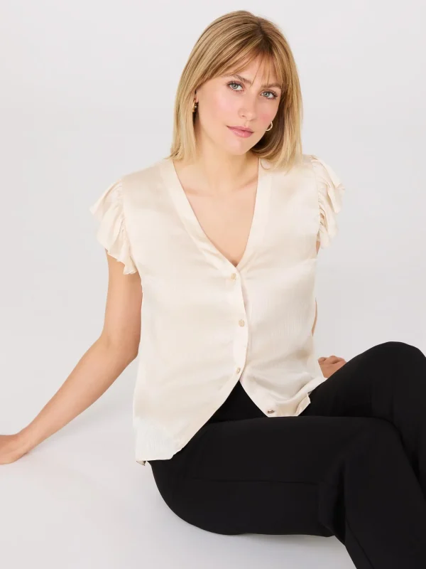 Crinkle Satin Ruffle Sleeve Button-Front Blouse - Image 6