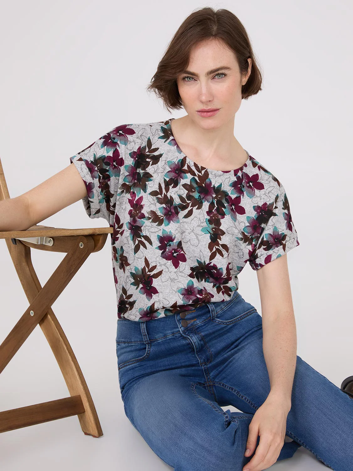 Floral Print Cuffed Dolman Sleeve T-Shirt - Image 2