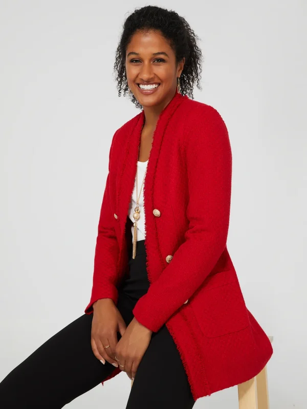 Long Open Boucle Blazer With Fringe Lapels - Image 6