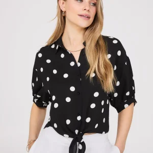 Polka Dot Button-Up Short Sleeve Blouse
