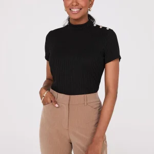 Ribbed Mock Neck Top With Button Details