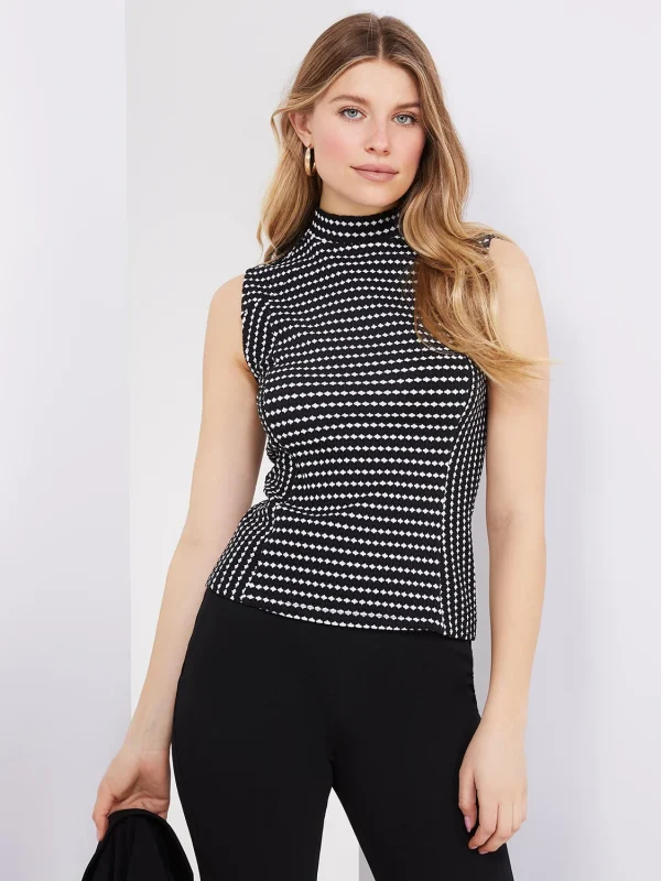 Printed Textured Sleeveless Mock Neck Top - Image 3