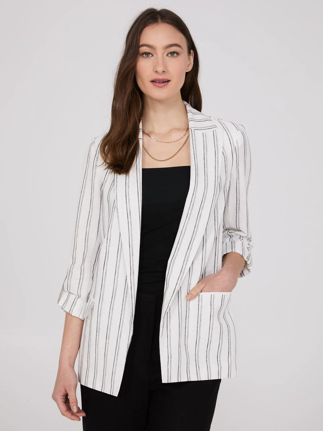 Striped 3/4 Sleeve Linen Blazer - Image 2