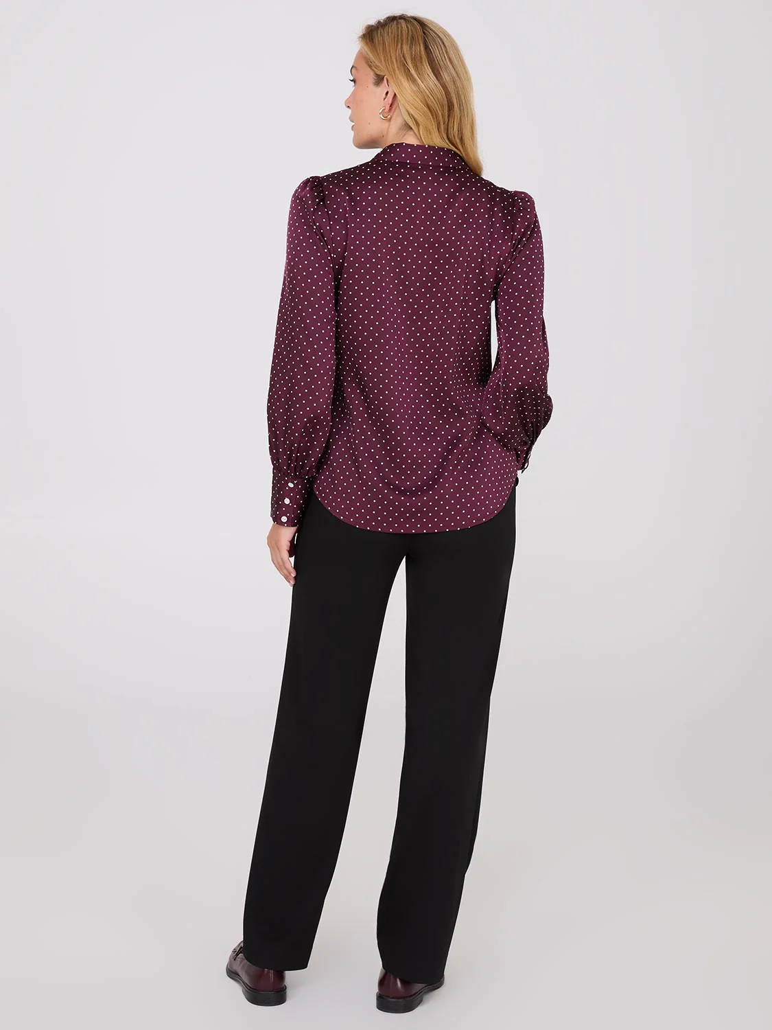 Dot Print Satin Volume Sleeve Button-Front Blouse - Image 4