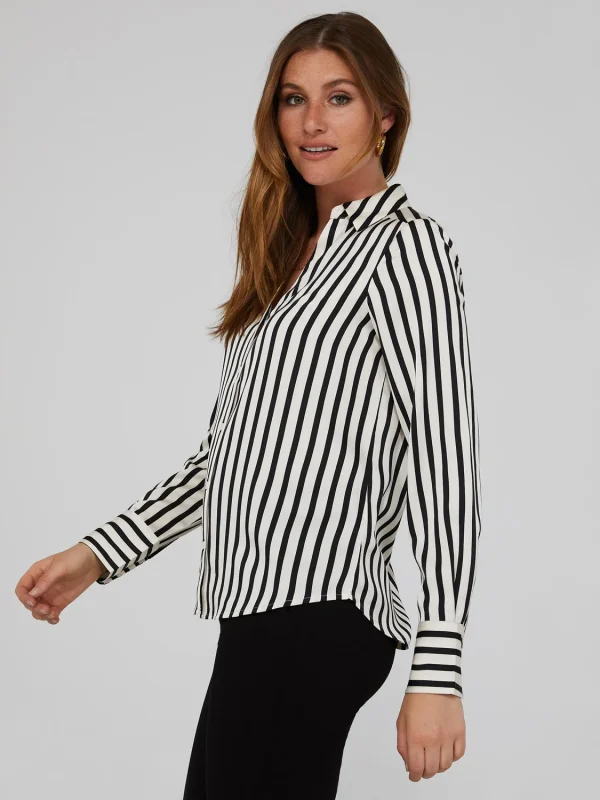 Striped Satin Split Neck Button-Front Blouse - Image 4