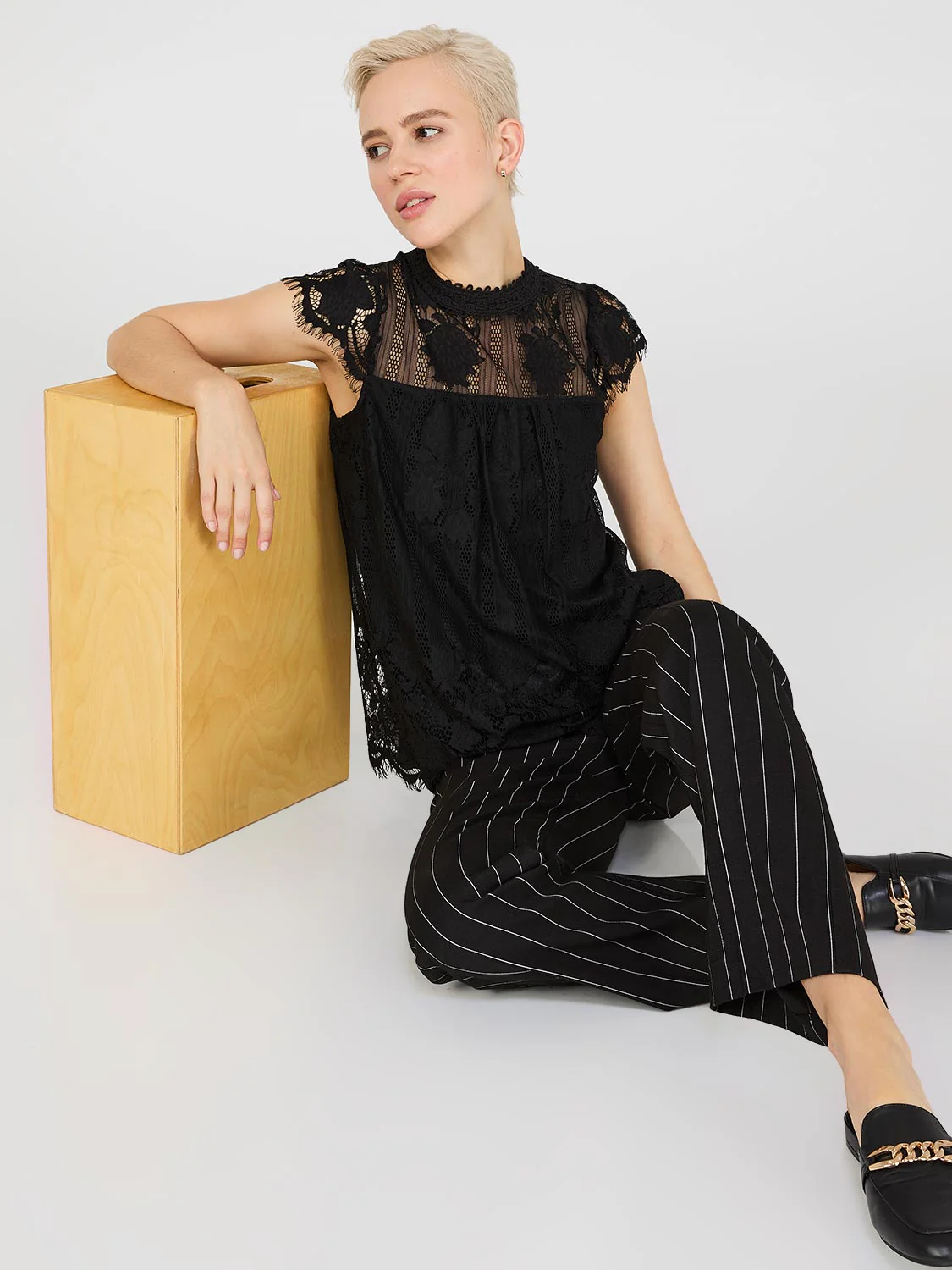 Lace Cap Sleeve Top With Crochet Detail - Image 2