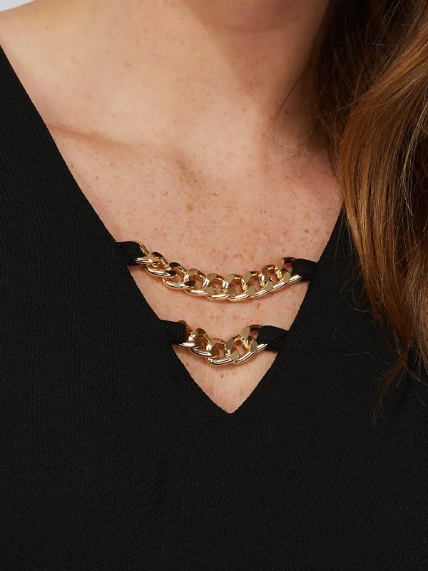 Textured Crepe Long Sleeve Top With Metal Chain Detail - Image 6
