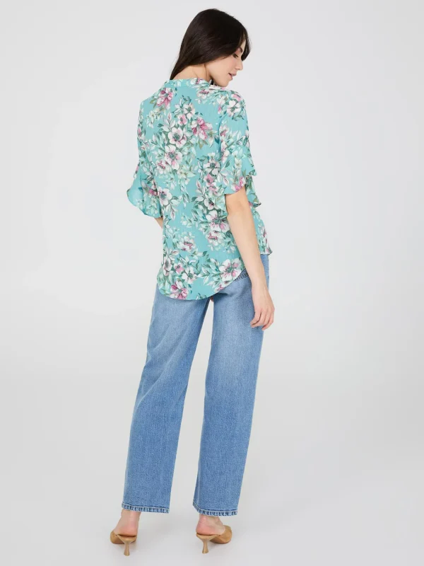 Floral Print 3/4 Ruffle Sleeve Tunic Blouse - Image 4