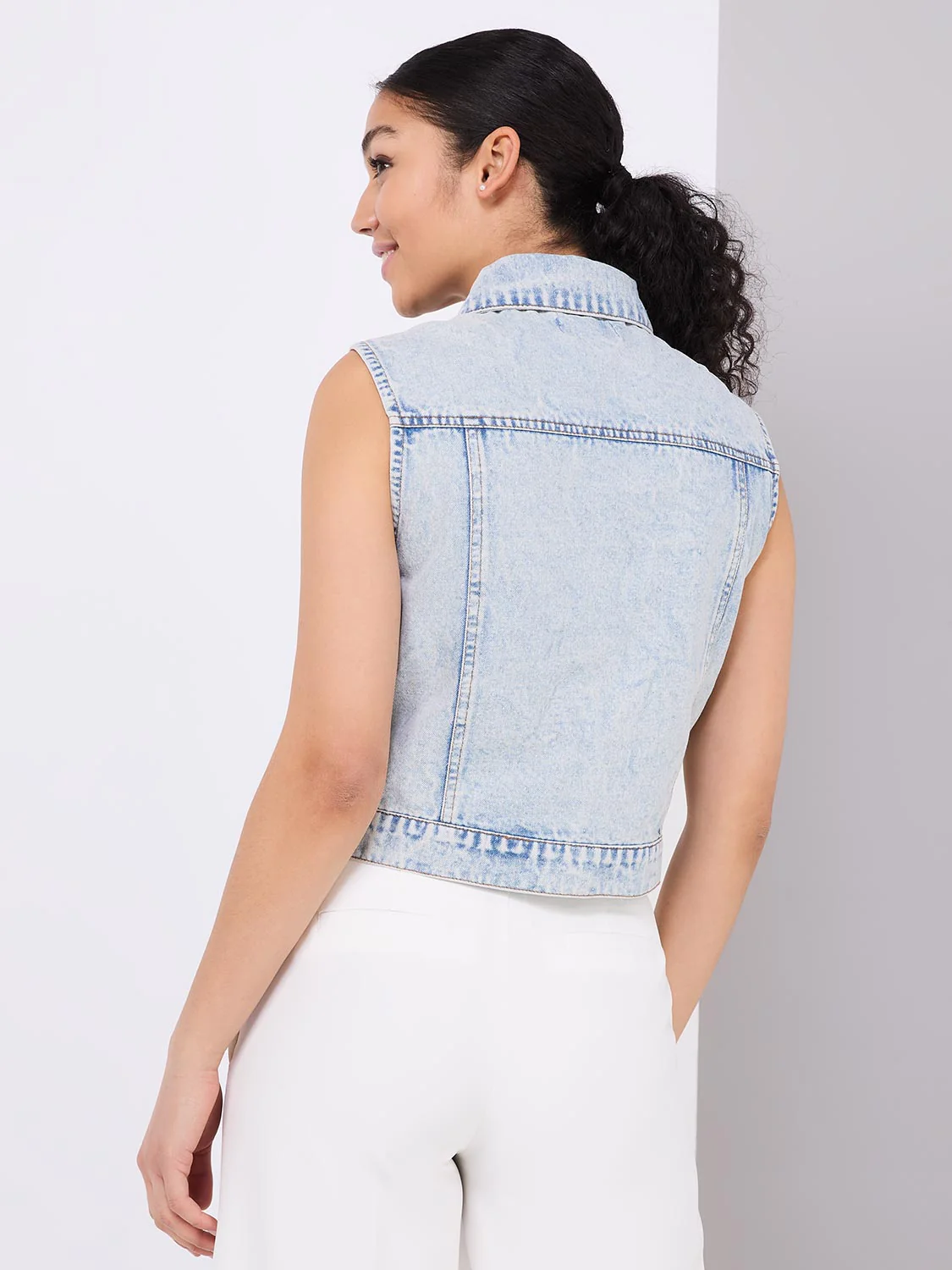 Denim Vest With Pearl Details - Image 3