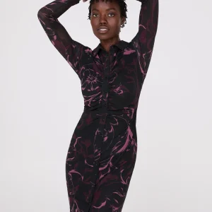 Floral Print Button-Front Gathered Mesh Dress