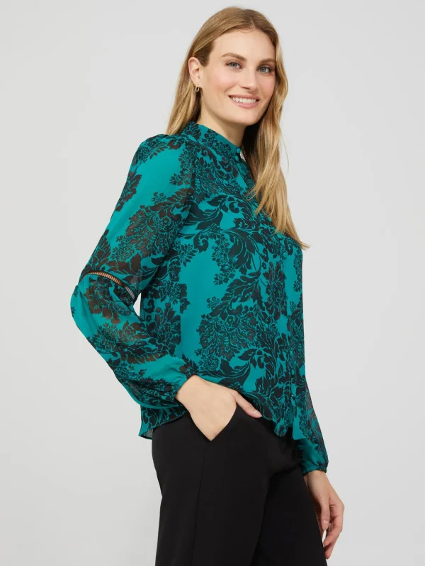 Floral Print Chiffon Button-Front Blouse With Puff Sleeves - Image 4