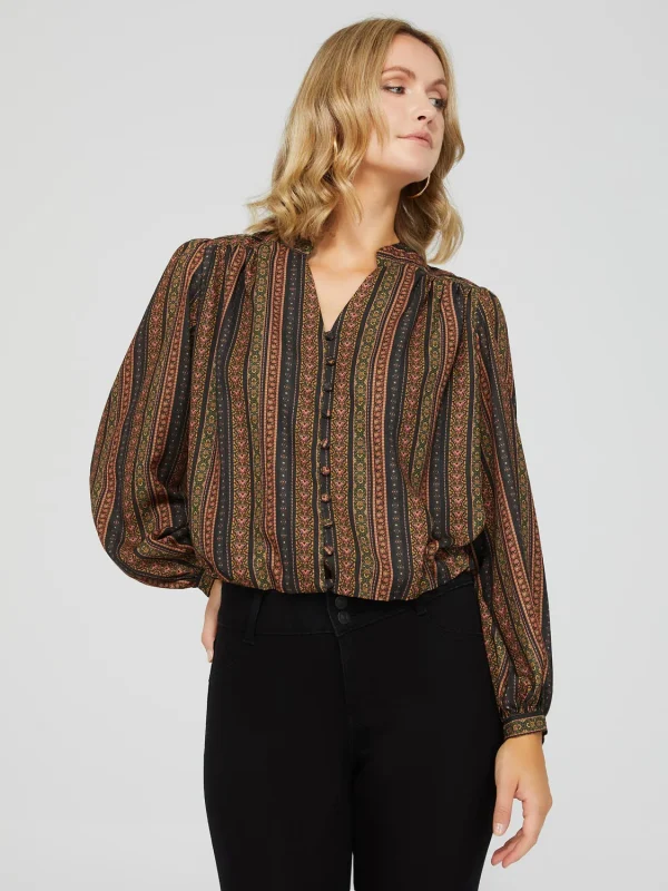 Ribbon Print Button-Front Blouse - Image 4