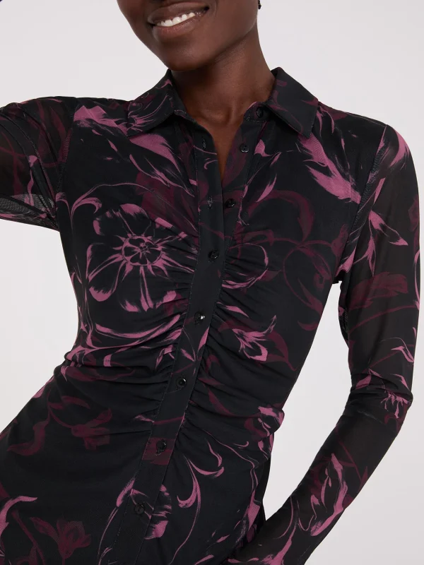 Floral Print Button-Front Gathered Mesh Dress - Image 5