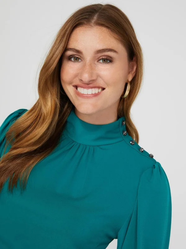 Balloon Sleeve Mock Neck Top With Rhinestone Detail - Image 2