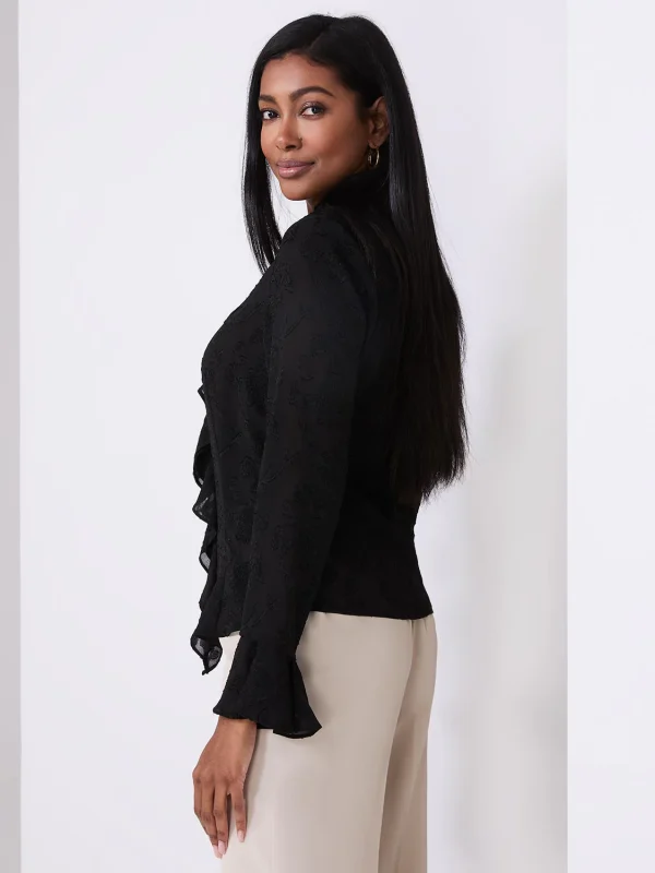 Textured Button-Front Blouse With Ruffle Details - Image 5