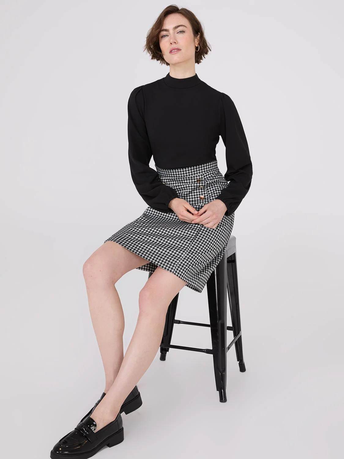 Long Sleeve 2-Fer Checkered Mini Dress - Image 2