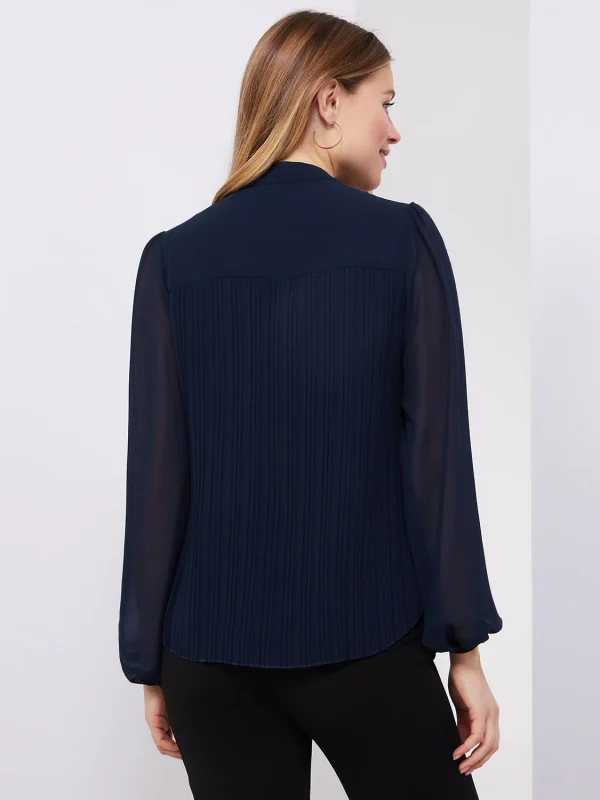 Pleated Chiffon Split Neck Popover Blouse - Image 5