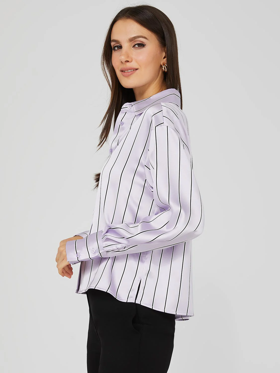 Waisted Striped Satin Button-Front Blouse - Image 4