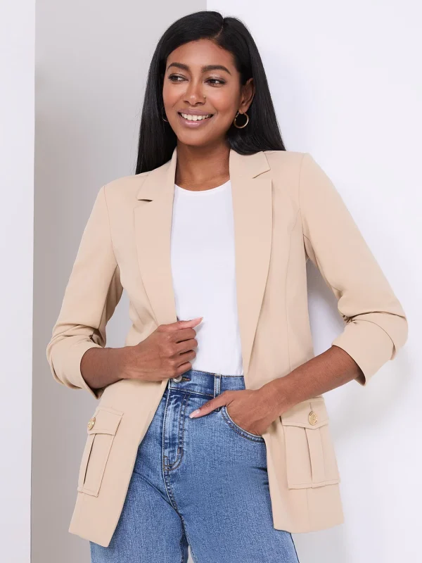 3/4 Ruched Sleeve Crepe Blazer - Image 5