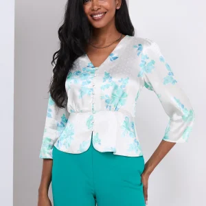Floral Print Satin Button-Front Peplum Blouse