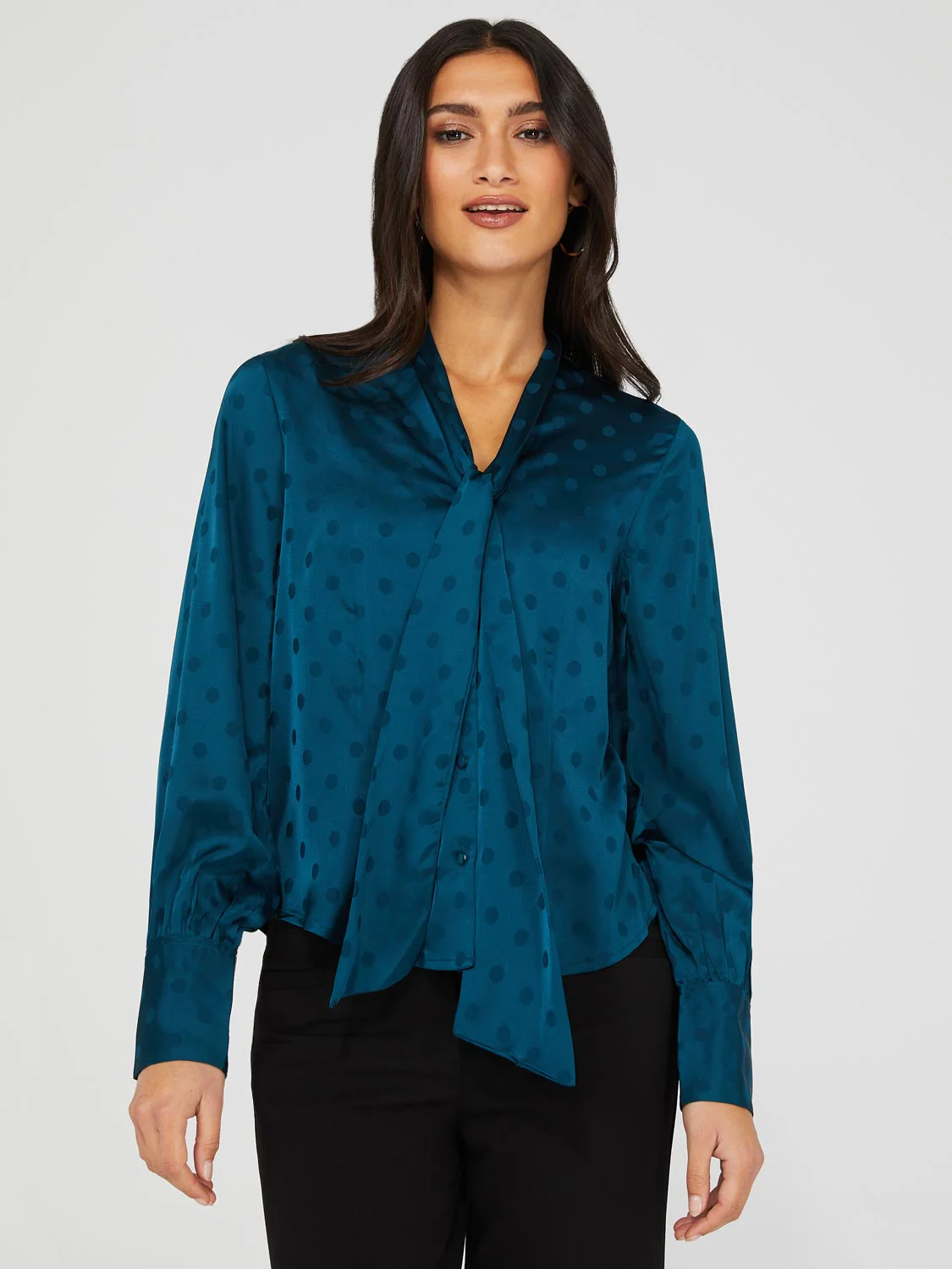 Polka Dot Jacquard Button-Front Bow Blouse - Image 3