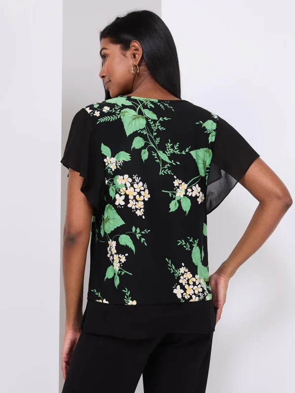 Floral Print 2-Fer Chiffon Crew Neck Top - Image 5