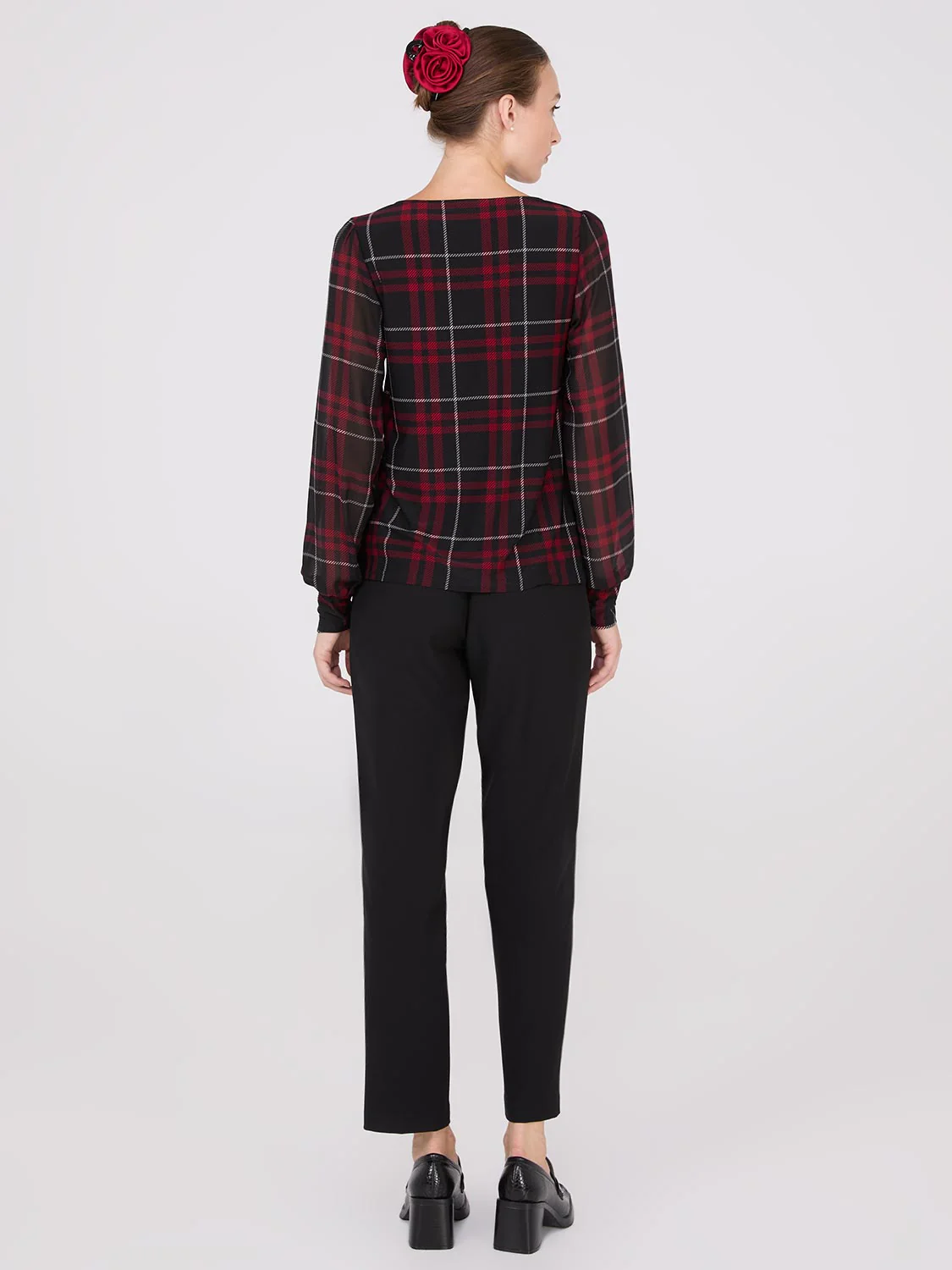 Plaid Long Chiffon Sleeve Boat Neck Top - Image 4
