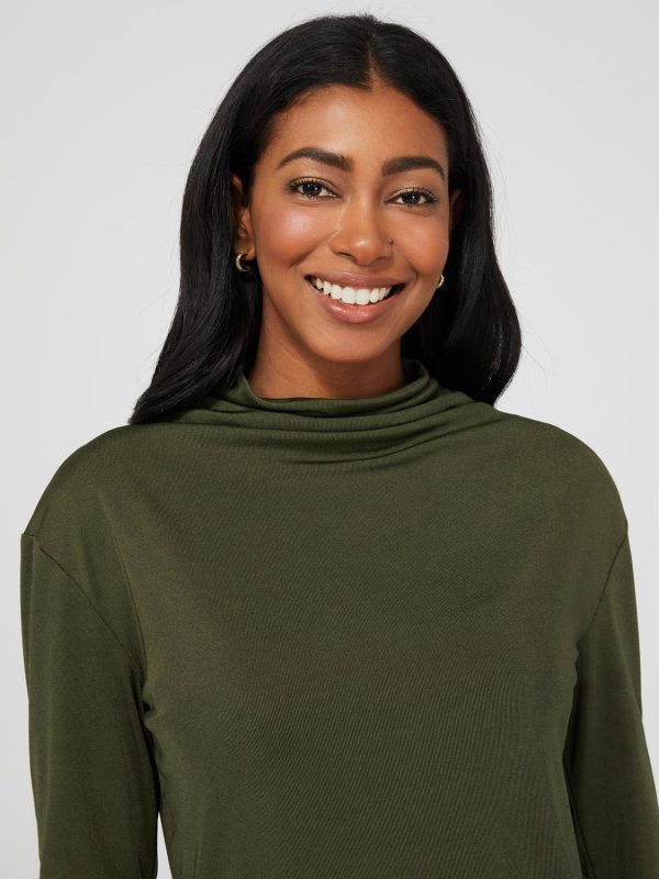 Funnel Neck Slinky Top With Asymmetrical Hem - Image 2