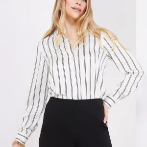 Double Pinstripe Satin Button-Front Blouse