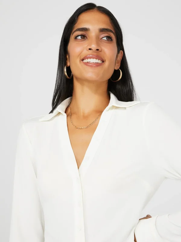 Split Neck Long Sleeve Button-Down Blouse - Image 2
