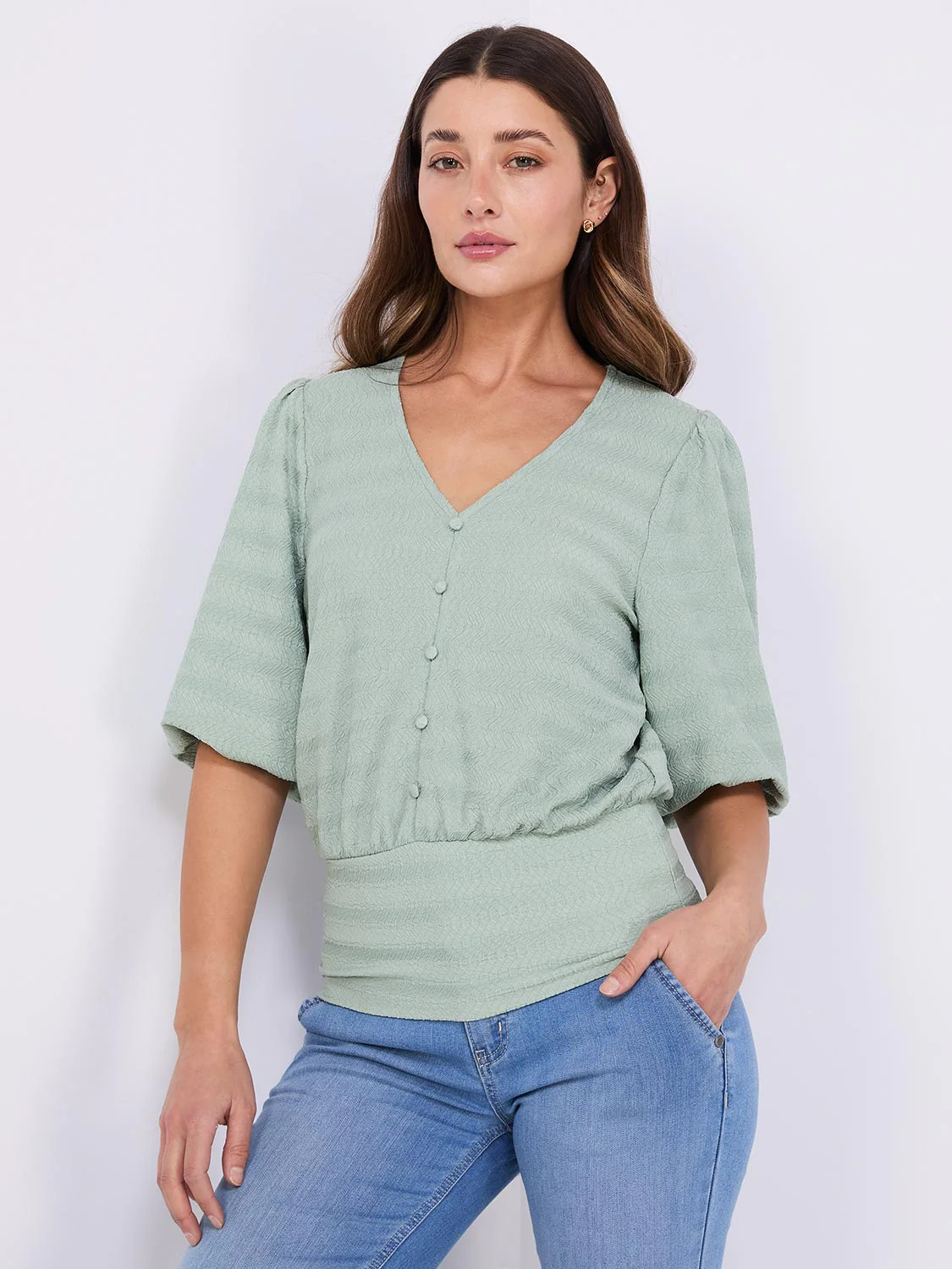 Balloon Sleeve V-Neck Top With Bottom Band - Image 3