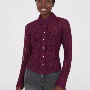 Lace Button-Front Fitted Blouse