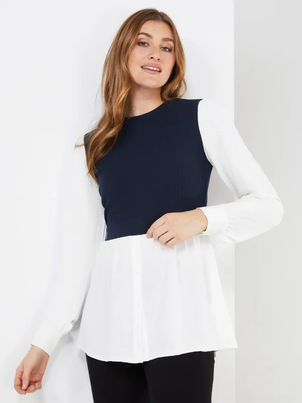 2-Fer Ribbed Top With Button-Front Blouse - Image 4