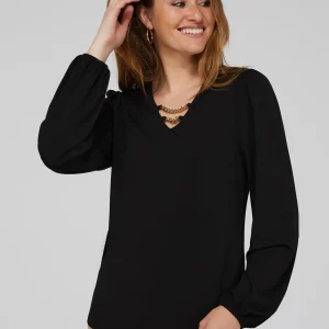 Textured Crepe Long Sleeve Top With Metal Chain Detail