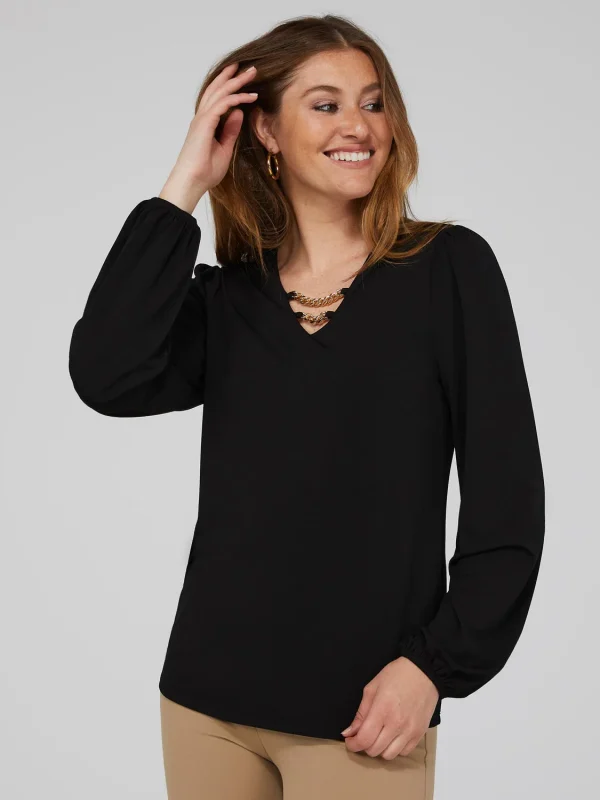 Textured Crepe Long Sleeve Top With Metal Chain Detail