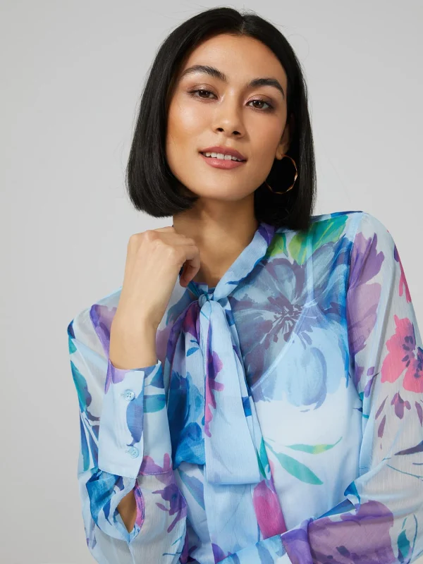 Floral Print Chiffon Blouse With Neck Tie - Image 2