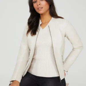 Collarless Faux Leather Jacket