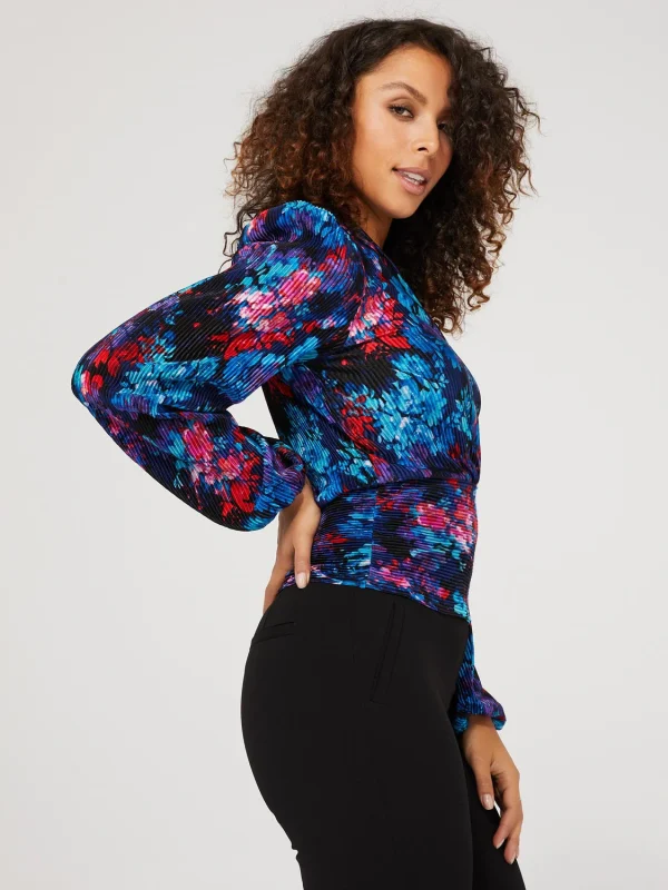 Floral Print V-Neck Plisse Long Sleeve Top - Image 5