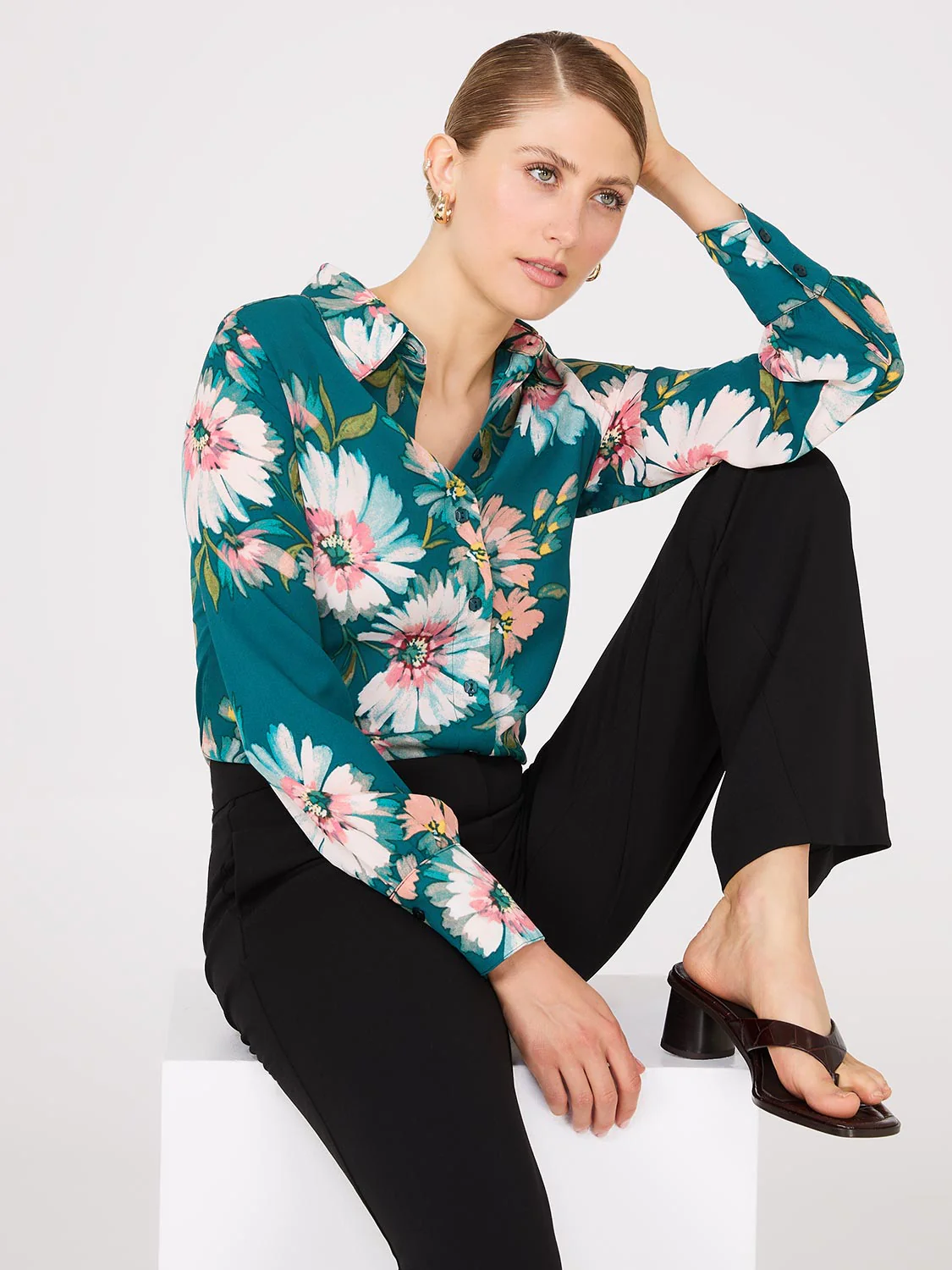 Floral Print Chiffon Button-Front Blouse - Image 2