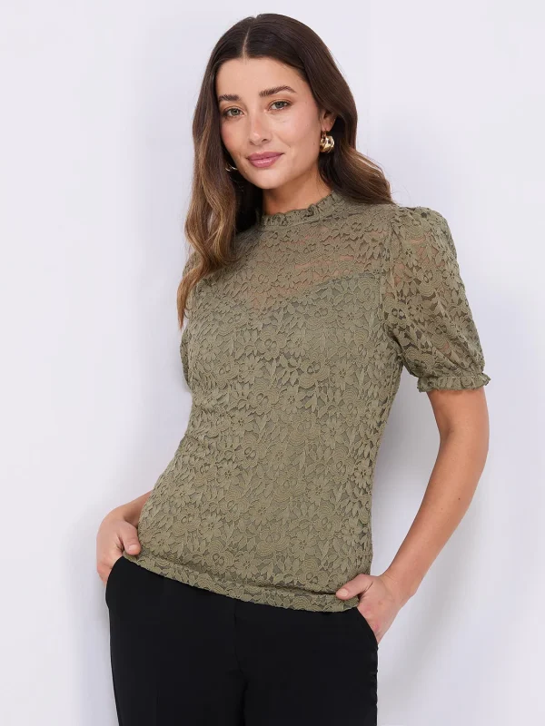 Floral Lace Mock Neck Short Sleeve Top - Image 8