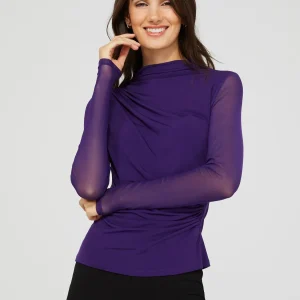 Mock Neck Ruched Jersey Top With Mesh Long Sleeves