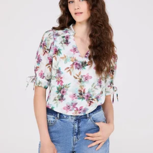 Floral Print Split Neck Tie Sleeve Blouse