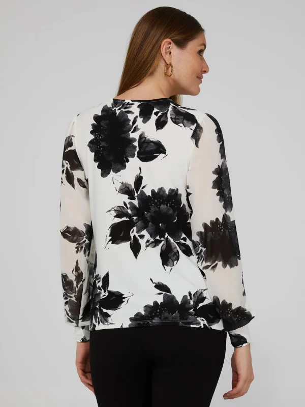 Printed V-Neck Top With Sheer Crepe Chiffon Long Sleeves - Image 4