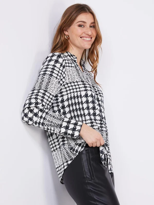 Houndstooth Satin Split Neck Button-Front Blouse - Image 5