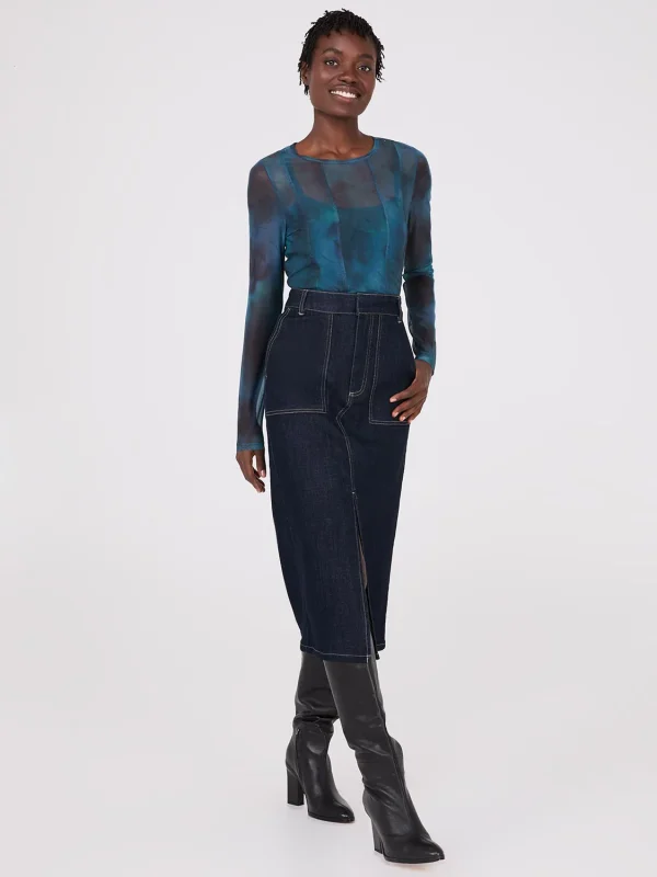 Abstract Print Long Sleeve Mesh Top With Cami - Image 3