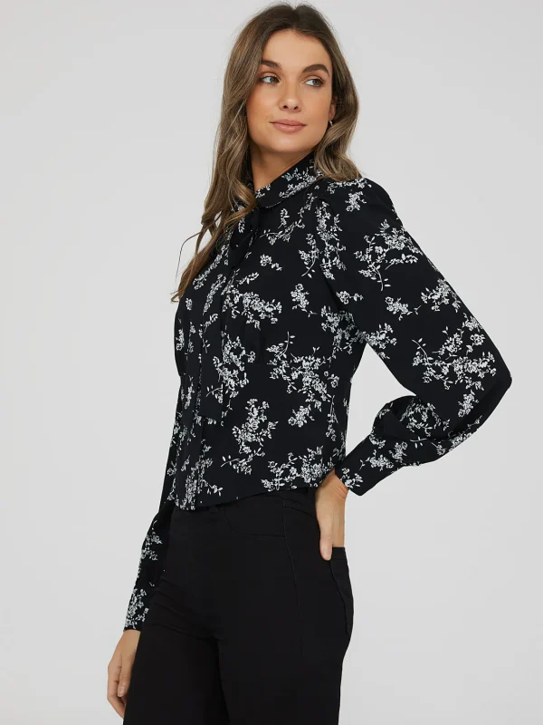 Printed Jewel Button Tie Neck Blouse - Image 3