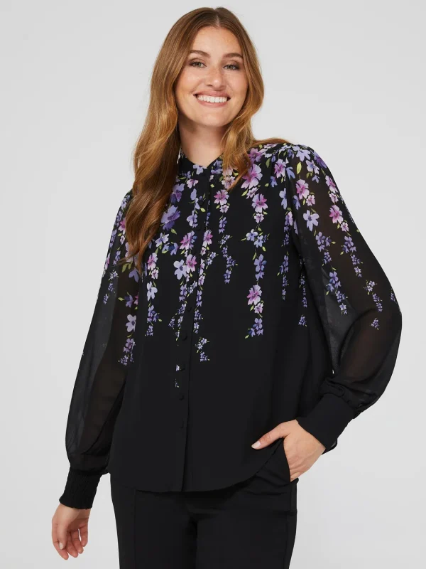 Floral Print Chiffon Button-Front Flowy Blouse - Image 3