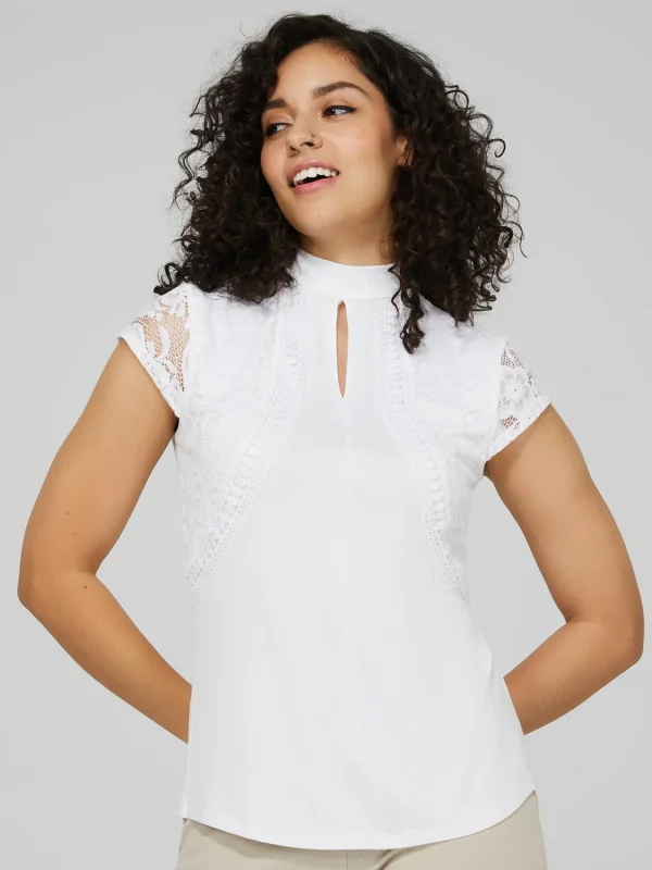 Keyhole Mock Neck Top With Lace Detail - Image 4