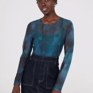 Abstract Print Long Sleeve Mesh Top With Cami